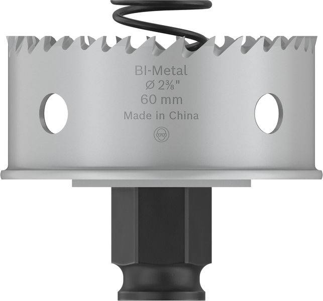 Metallhålsåg med 60 mm diameter, tillverkad av bimetall. Märkt med 'BI-Metal ø 2½" 60 mm Tillverkad i Kina'.