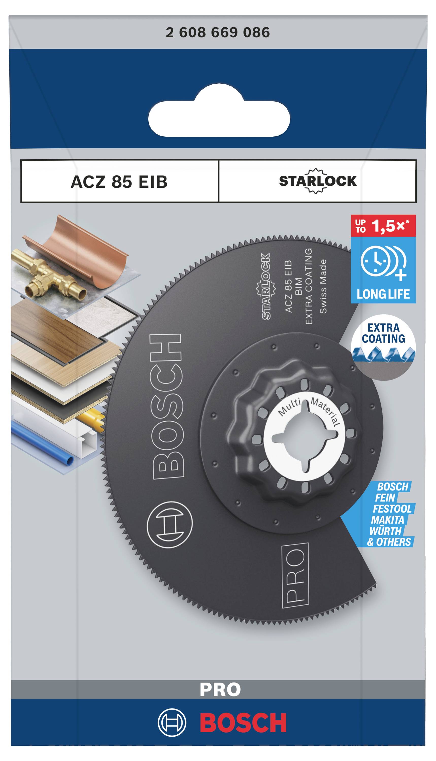 Bosch sågbladsförpackning med Starlock-fäste. Lämplig för trä, metall, plast; lång livslängd framhävd.