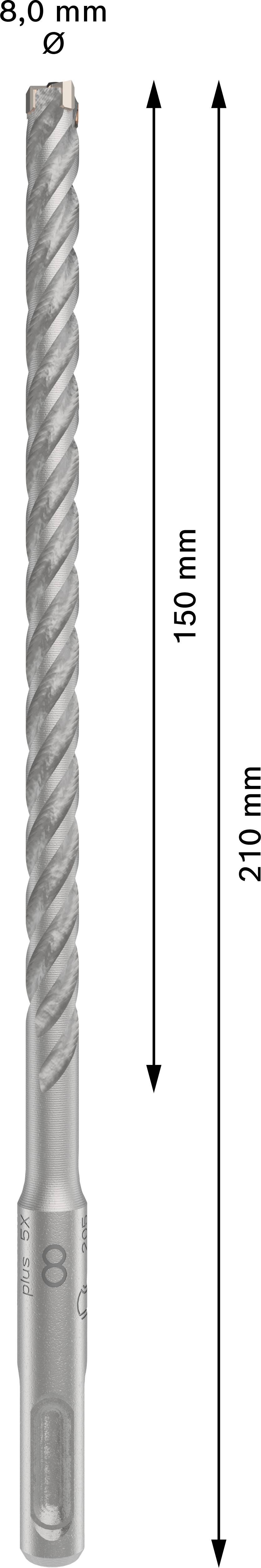 Borr med diameter 8,0 mm, längd 210 mm, nyttjbar längd 150 mm. Enkel illustration av ett grått borr med etiketter.
