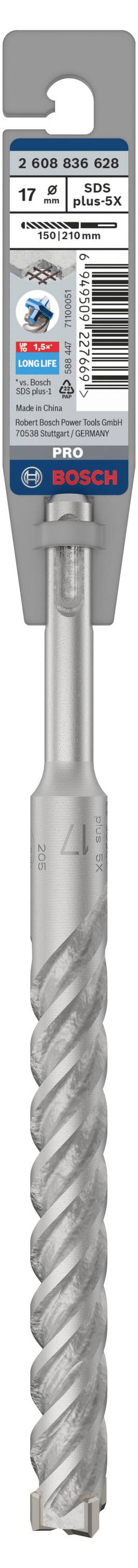 Borr från Bosch med 'SDS plus 7X', 17 mm. Förpackningen visar detaljer som streckkod och tillverkarlogotyp.