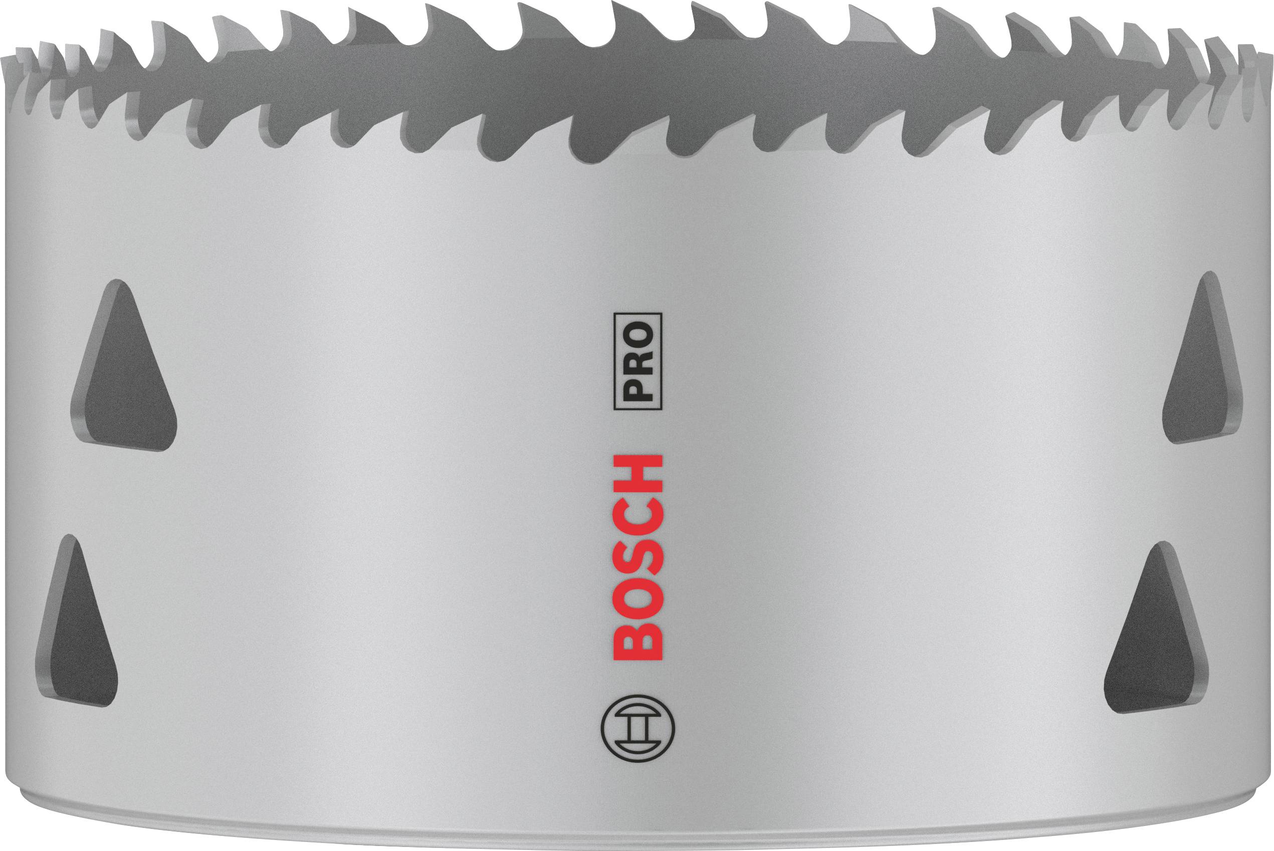 Silverfärgad borrkrans med tandad kant, försedd med den röda Bosch-logotypen och märkningen 'PRO'.