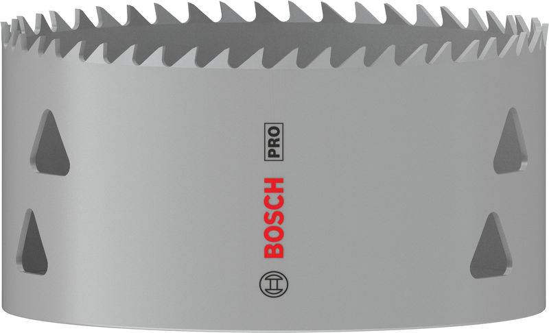 Grå hålsågsadapter med vassa tänder, 'Bosch Pro'-logotyp i rött. Används för att borra stora hål i olika material.