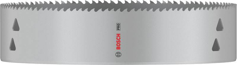 Bosch metallborrkrona, silverfärgad med vassa tänder, används för att borra stora hål i material som metall eller trä.