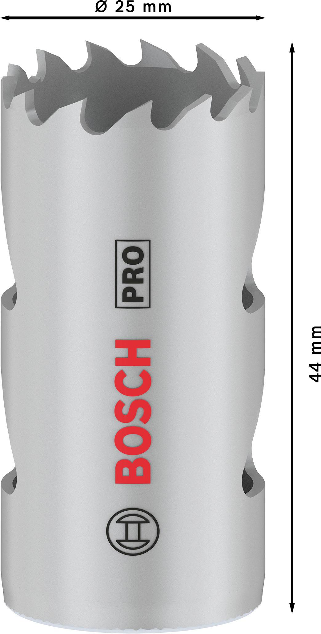 Hålborr från Bosch, diameter 25 mm, längd 44 mm, med Bosch-logotyp.