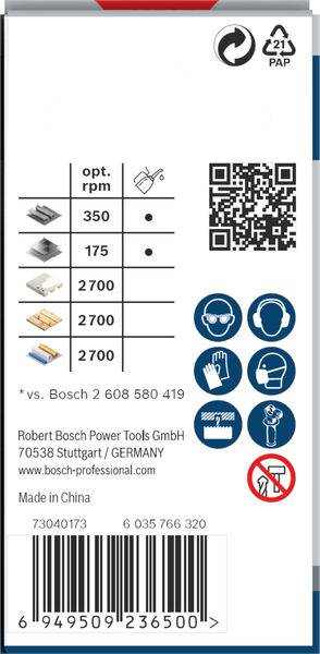 'Robert Bosch Power Tools GmbH' förpackning med QR-kod, tabell: olika opt. varvtal (350, 175, 2700, 2700, 2700), symboler för skyddsåtgärder. Tillverkad i Kina.