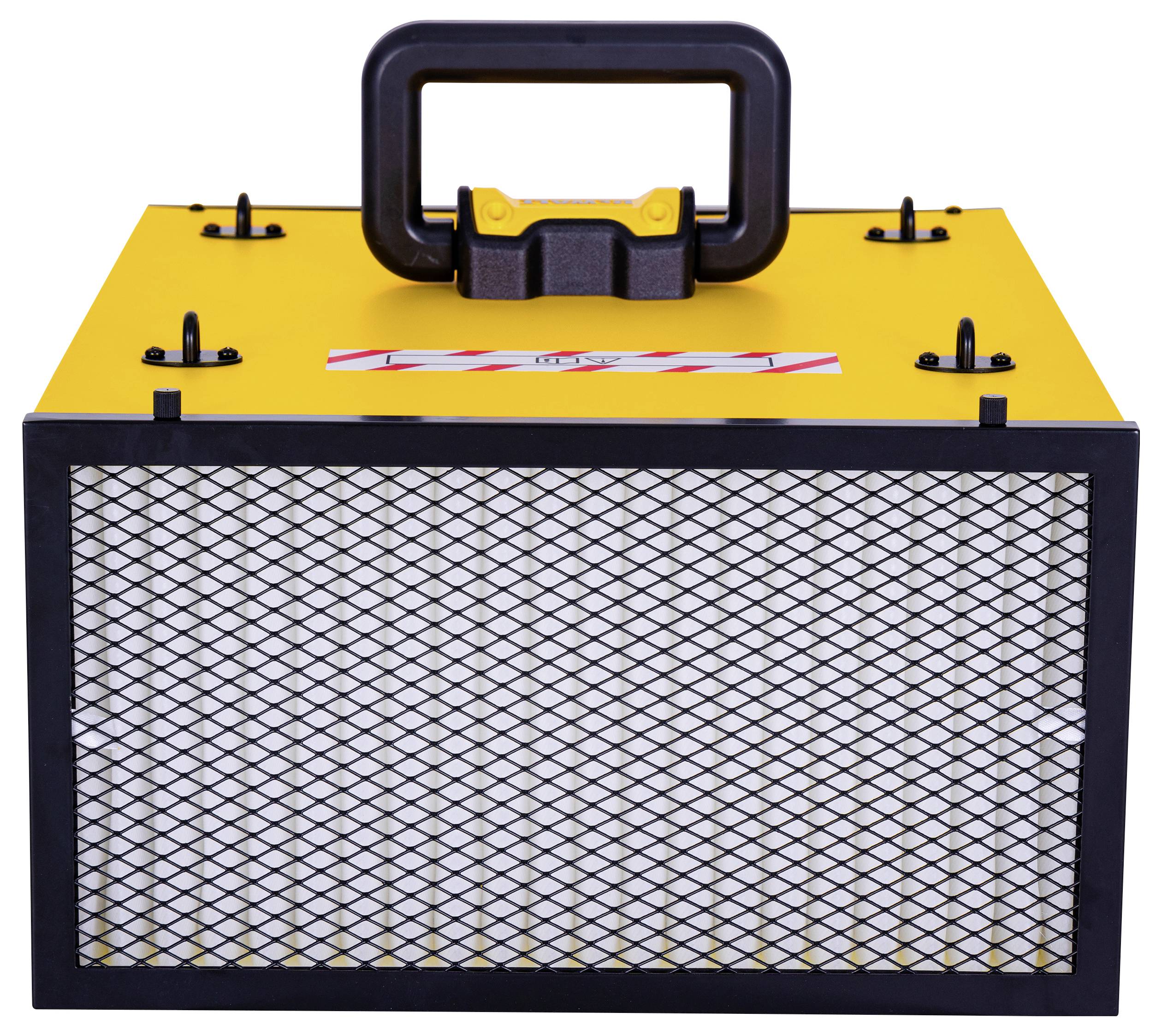 Gul luftrenare med ett galler på framsidan och ett svart bärhandtag ovanpå, lämplig för industriella tillämpningar.