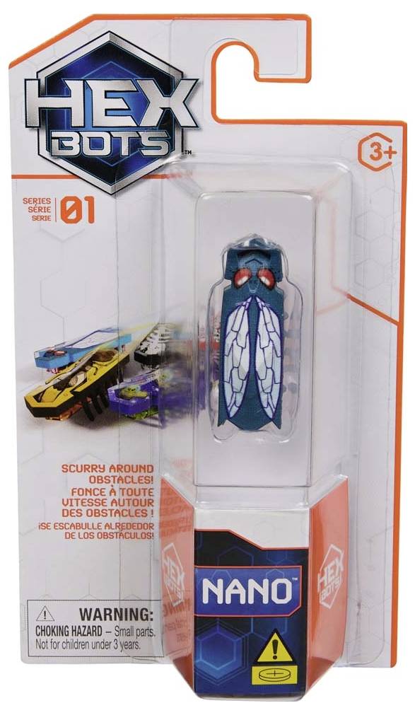 Leksaksförpackning för 'Hexbug Nano'. Visar insektsroboten i plastförpackning med varningstext om att produkten inte är lämplig för barn under 3 år.