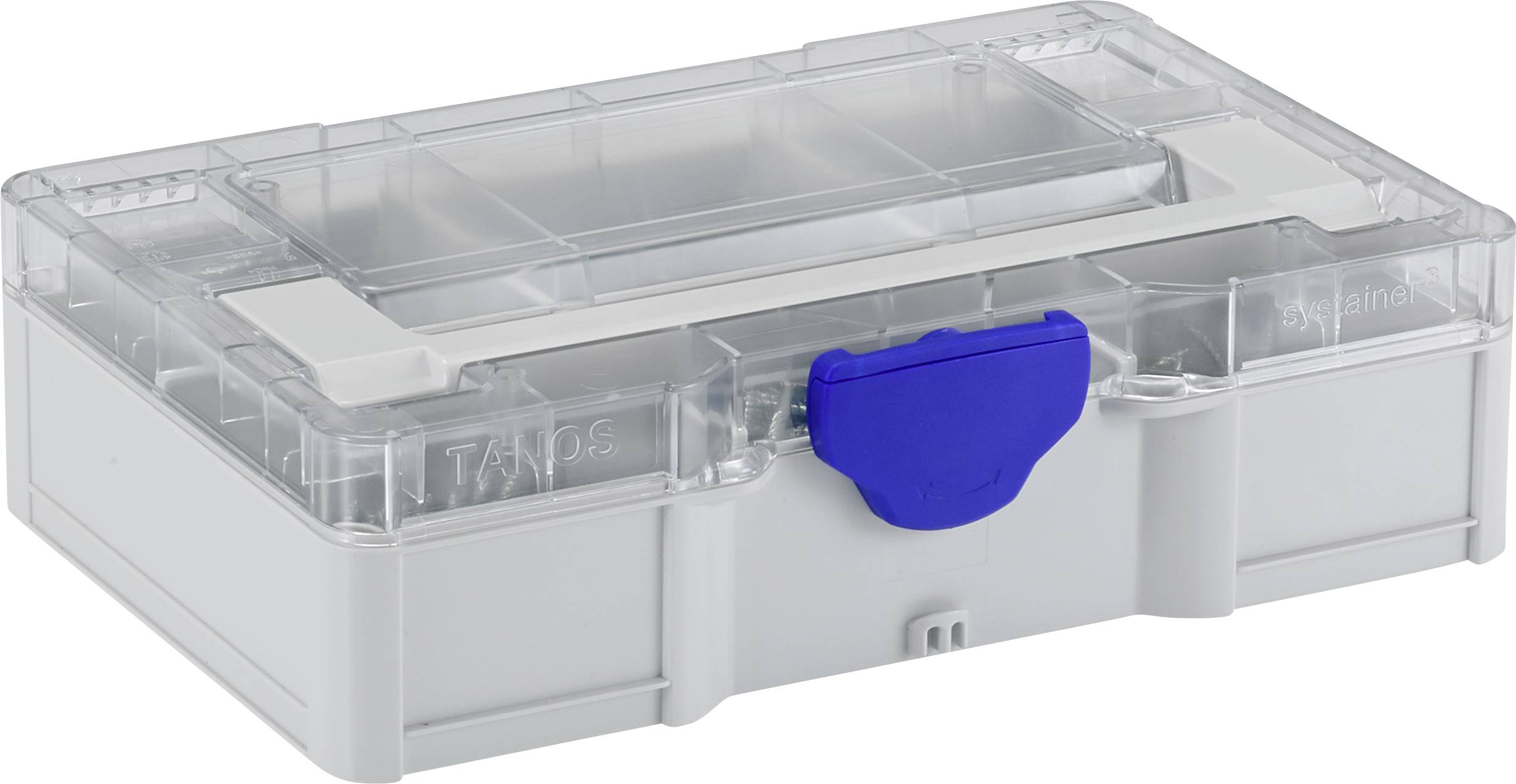 En liten, grå plastförvaringsbox med genomskinligt lock och ett blått lås, lämplig för verktyg eller smådelar.