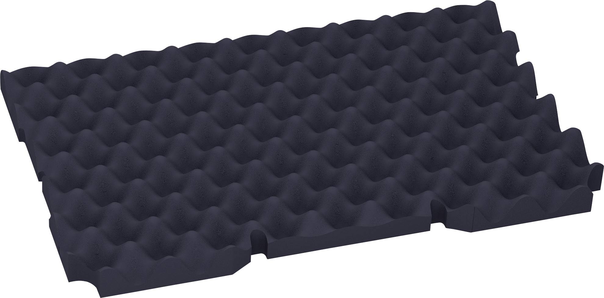 Ett stycke mörkgrå akustisk skumplast med vågformig yta för ljudabsorption.