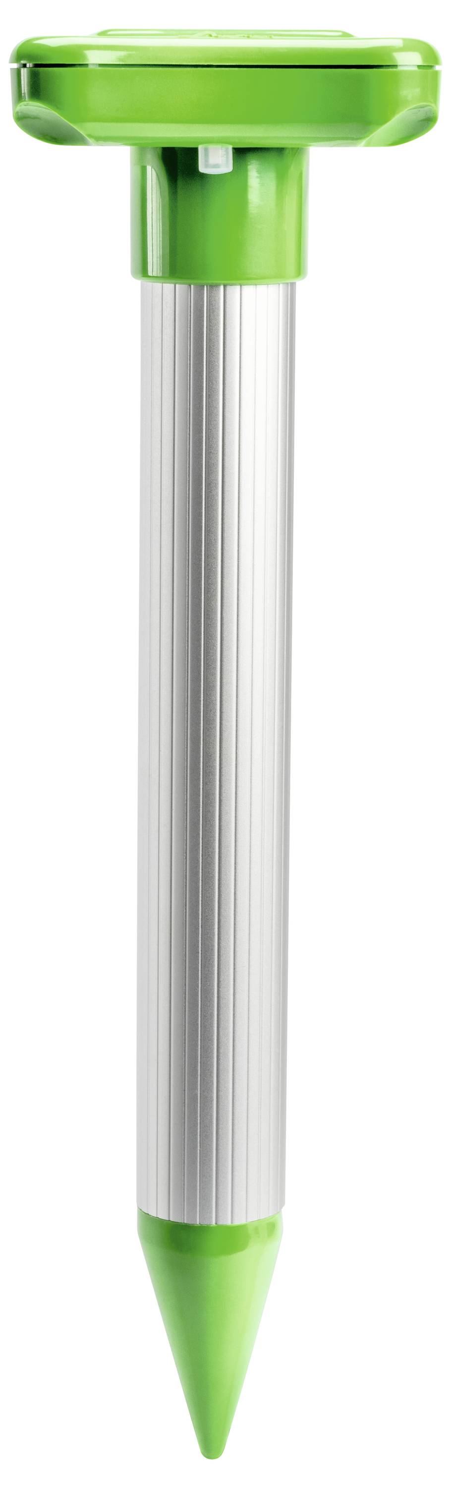 En grön, solcellsdriven mullvadsskrämma med en strukturerad aluminiumstång och spetsig ände för markinstallation.