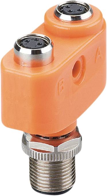 En orange pneumatisk koppling märkt med 'A' och 'B'. Gängat nedre ände för säker fastsättning.