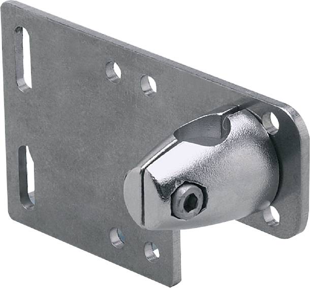 Metallisk fäste med flera hål och en roterbar klämningmekanism på ena sidan, lämplig för infästning av strukturer.