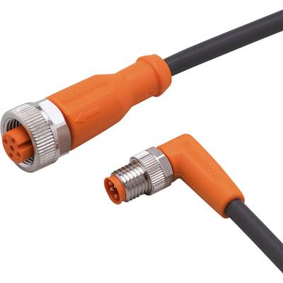 Två orangefärgade M12-kontakter, en rak och en vinklad, med svart kabel. Används inom industriell automation.