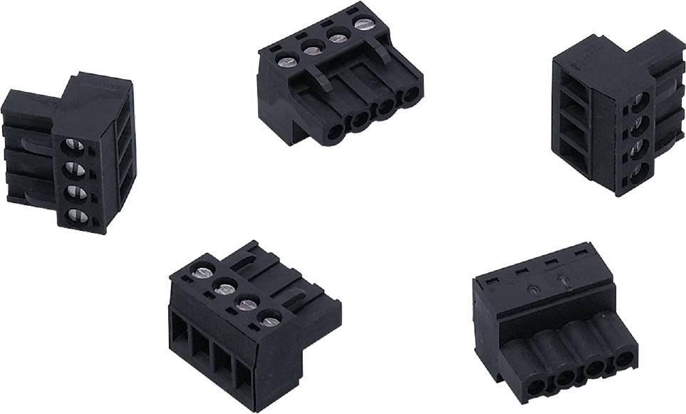 Svart, rektangulär kontaktdon med tre poliga anslutningar, lämplig för elektroniska kretsar eller kabeldragningar.