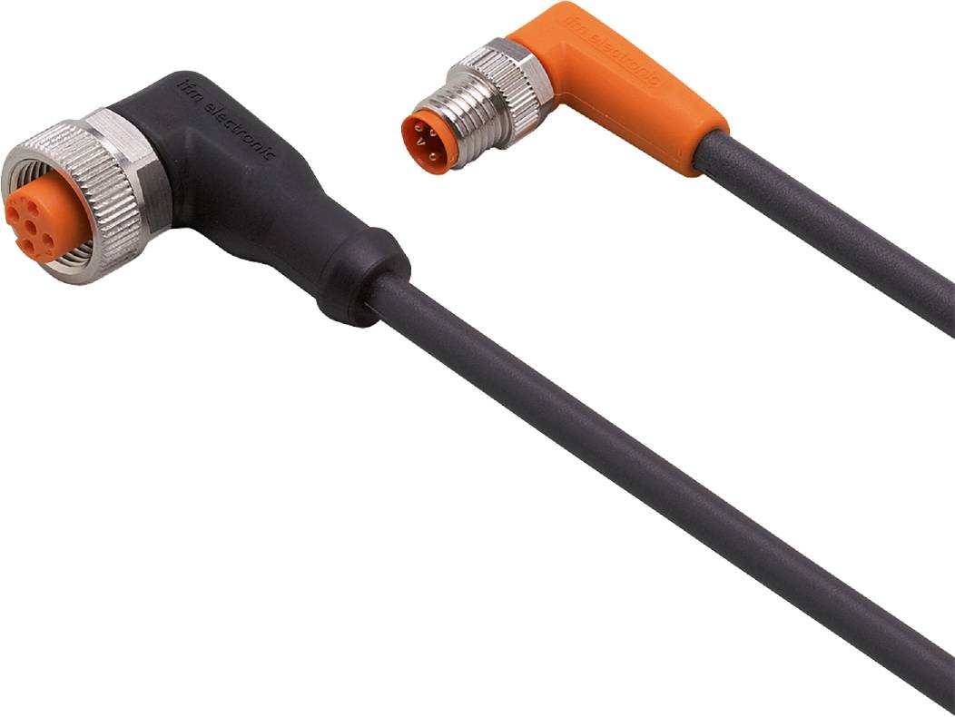 En svart och en orange-röd kabel med olika kontakter och metallringar i ändarna.