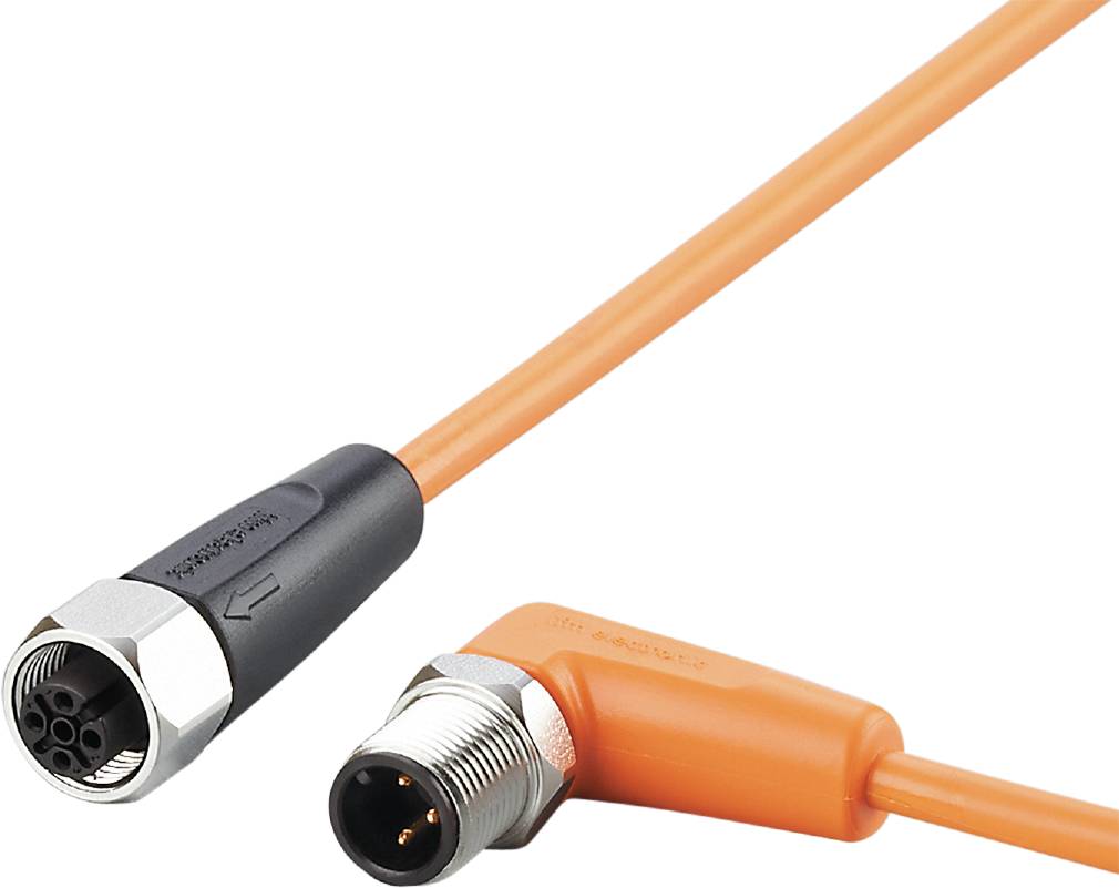 En orange kabel med en rak kontakt till vänster och en vinklad kontakt till höger; sannolikt för elektroniska anslutningar.