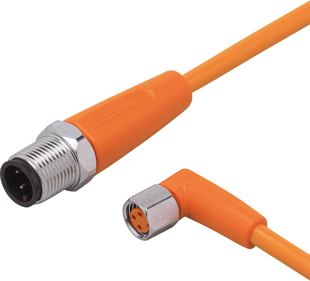 En orangefärgad, vinklig förbindelsekabel med två kontakter i olika storlekar, lämplig för industriella tillämpningar.