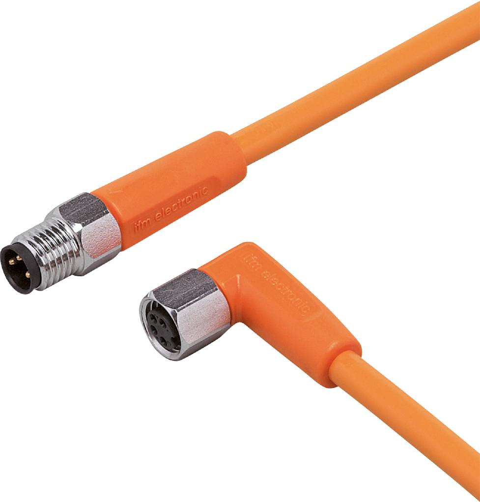 En orange vinkelsladd med rektangulär kontakt ansluter till en rund kontakt.