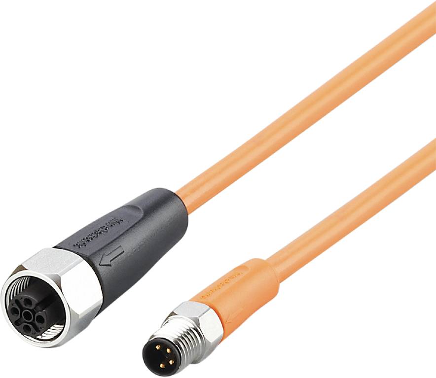 Elkabel med två kontakter: vänster en stor, svart kontakt; höger en liten, silverfärgad kontakt, båda med orange kabel.
