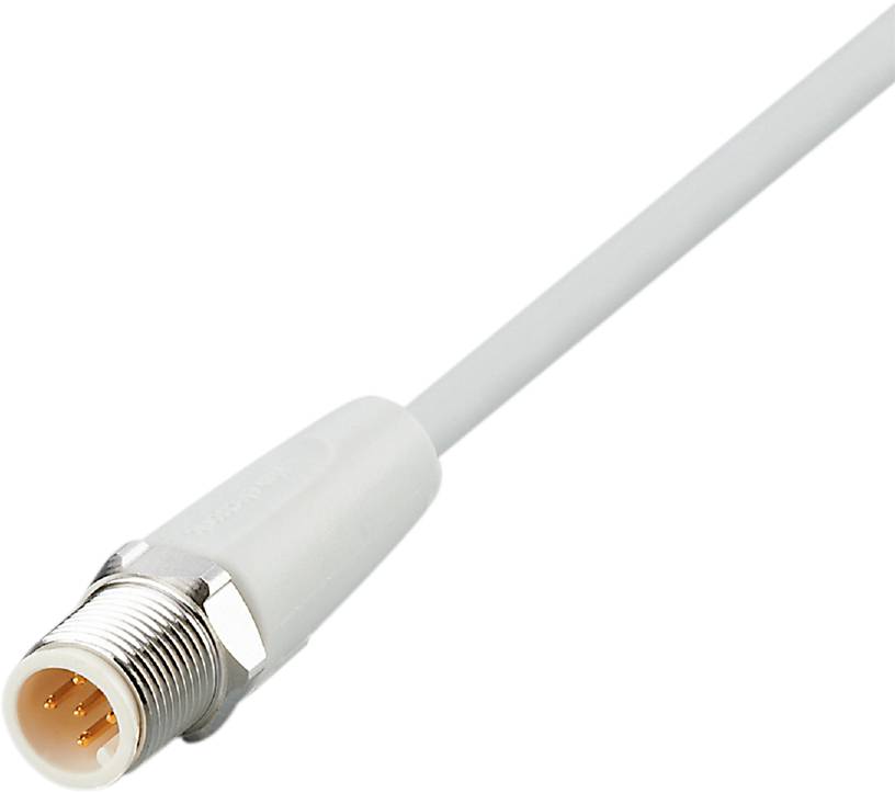 Ett vitt koaxialkabel med en metallisk kontakt, delvis synlig.
