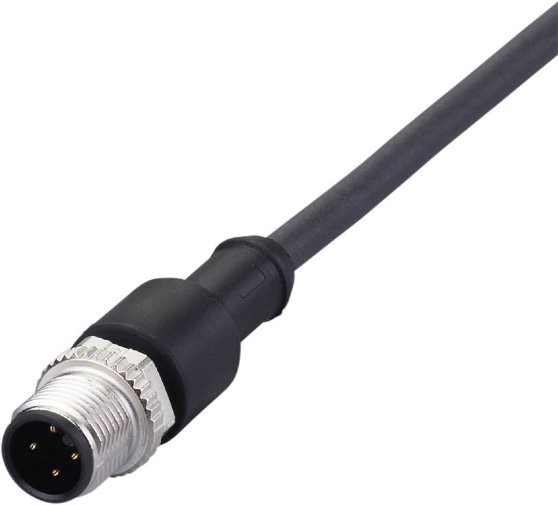 En M8-kontakt med svart kabel. Kontakten har en metallgänga och flera kontaktstift.