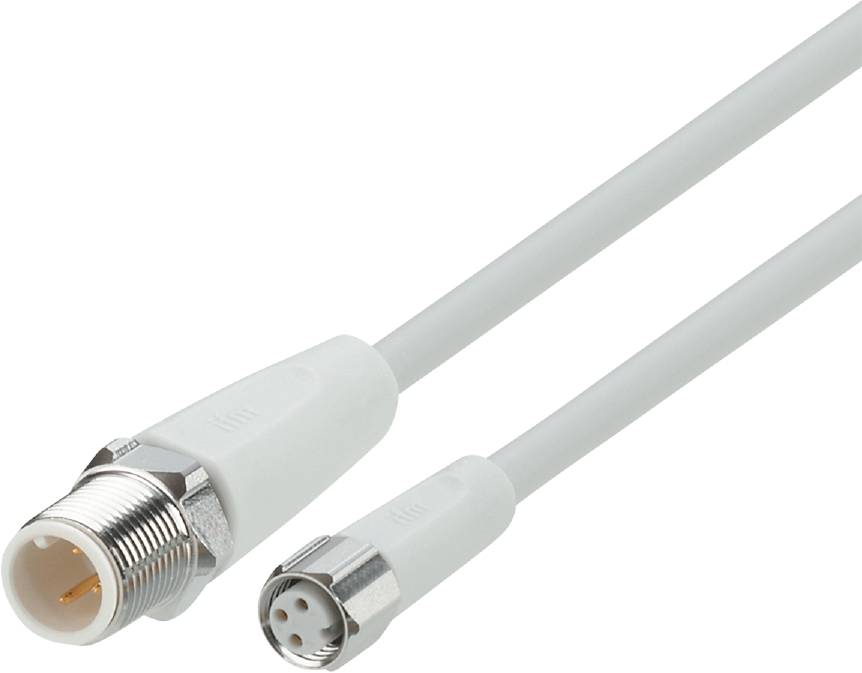 En vit kabel med två kontakter: ett avlångt honkontakt till vänster, en rund kontakt med flera stift till höger.