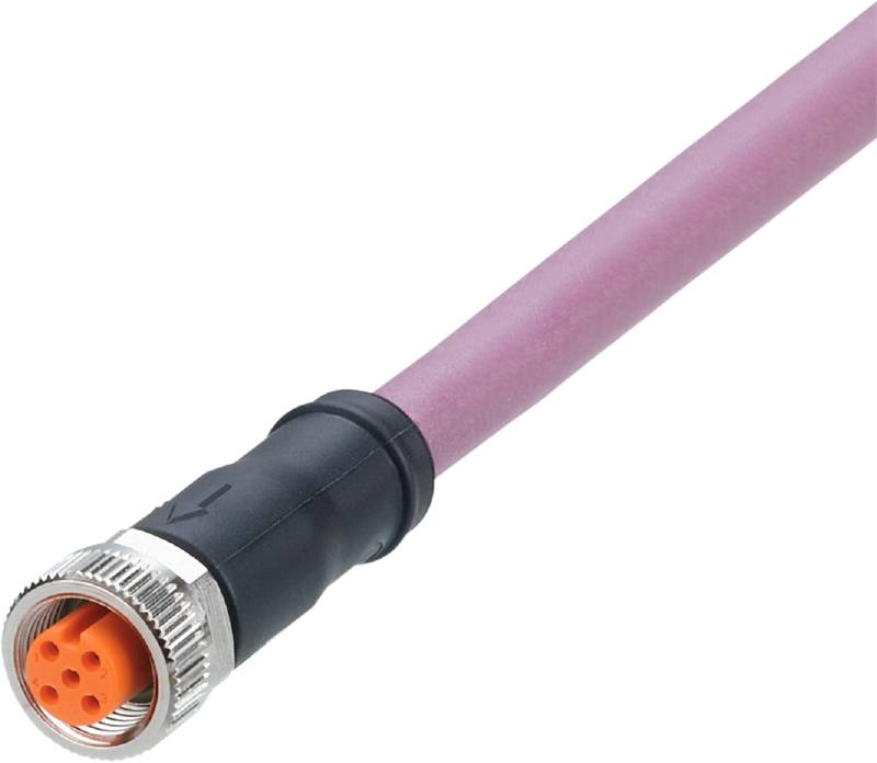 En lila kabel med en rund, metallisk kontakt med flera stift, lämplig för industri- eller elektriska tillämpningar.