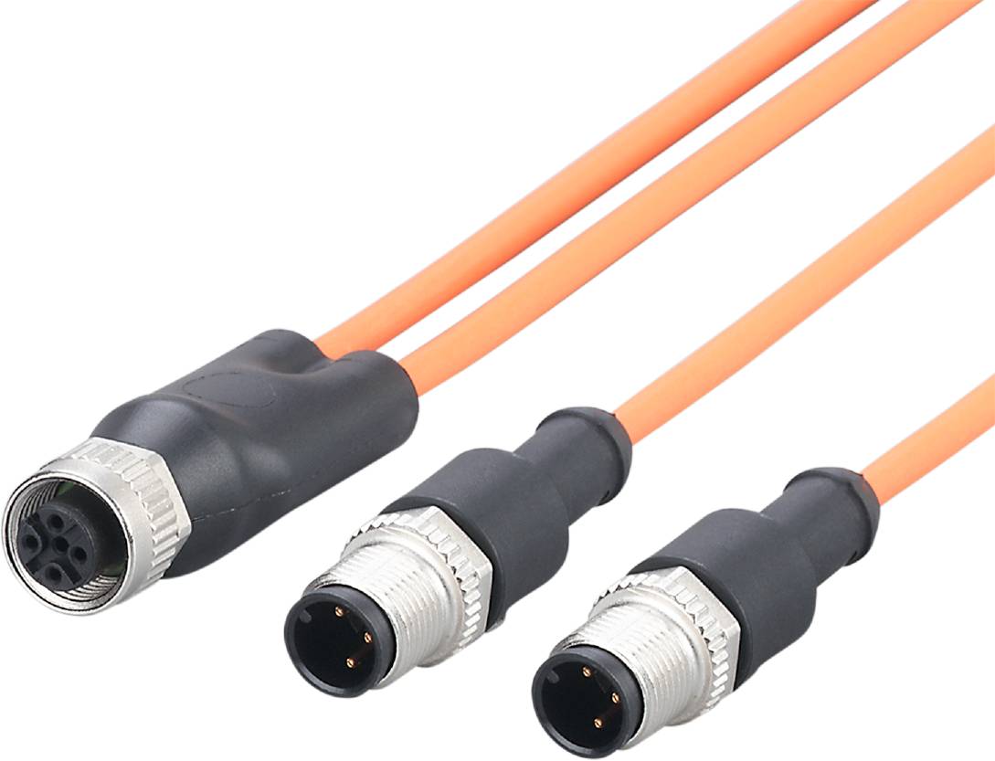 Tre orangea M8-kontakter med svart hölje, två parallella och en avgrenad, lämpliga för industriella tillämpningar.