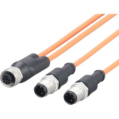 Tre orangea M8-kontakter med svart hölje, två parallella och en avgrenad, lämpliga för industriella tillämpningar.