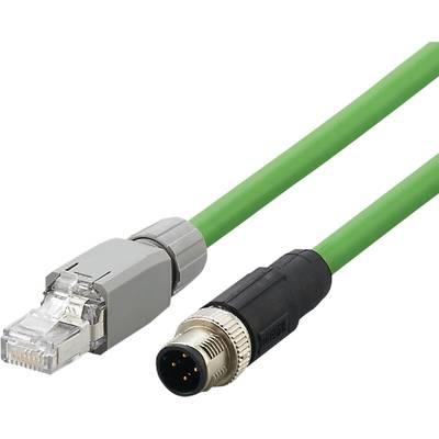 Grönt nätverkskabel med RJ45-kontakt och svart rundkontakt. Används för dataöverföring och anslutning av elektroniska enheter.