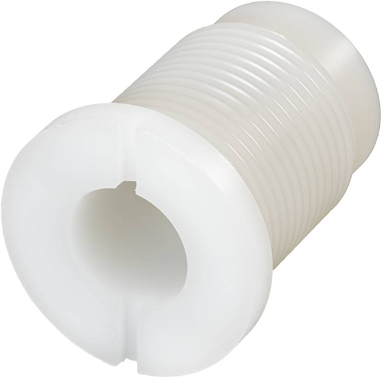 En vit, cylinderformad plastadapter med räfflad yta och ett centralt hål, sannolikt avsedd för en teknisk tillämpning.