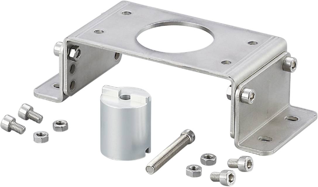 En uppsättning bestående av flera komponenter: rektangulär metallhållare, cylindriskt element, skruv, muttrar och bricka.