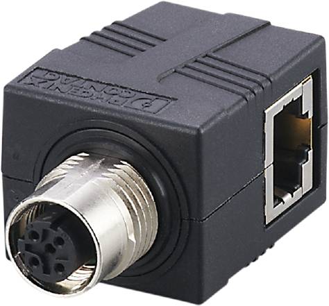Adapter med metallkontakt och Ethernetport, lämplig för industriella nätverk och maskinanslutningar.