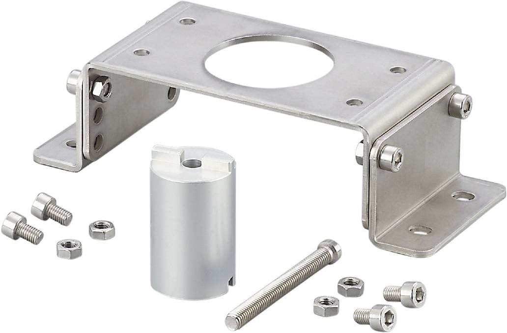 Metallram med stor rund öppning, skruvar, cylinder och gängstång på vit bakgrund. Komponenter för montering.