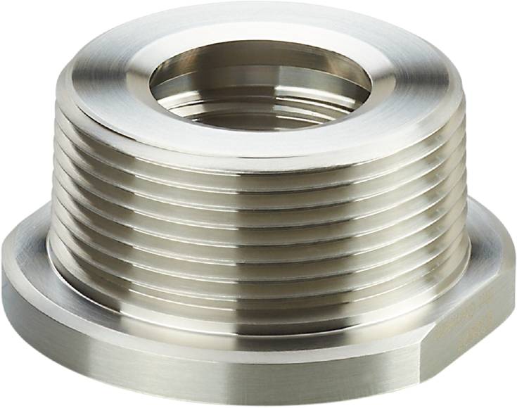 Ett silverfärgat metallgängor, sannolikt en del av en maskin eller ett verktyg, med flera jämna räfflor.