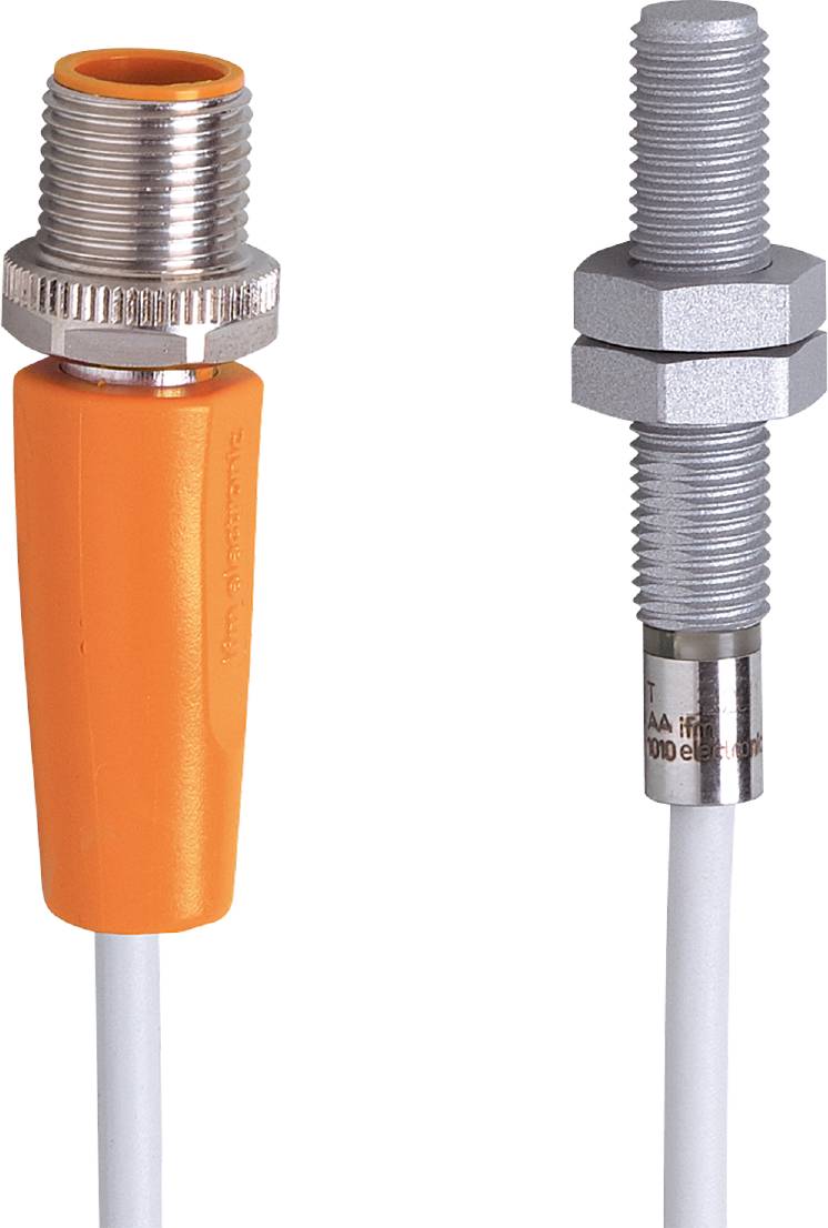 Två industriella sensorer med kontakter, en med orangefärgat hölje, den andra silvergrå, för processövervakning.