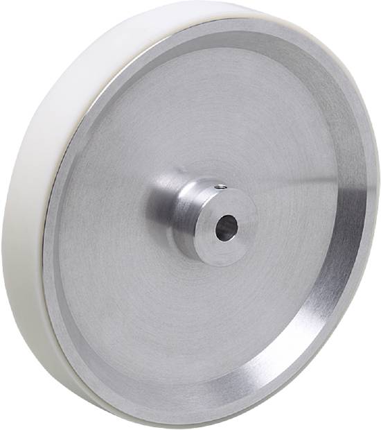 Ett enskilt avbildat metallhjul med slät, vit kant. Det är cylindriskt format och verkar robust och funktionellt.