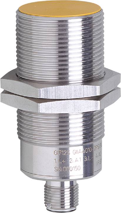 Induktiv näringsgivare med cylindriskt metallhölje och gänga för industriella tillämpningar.