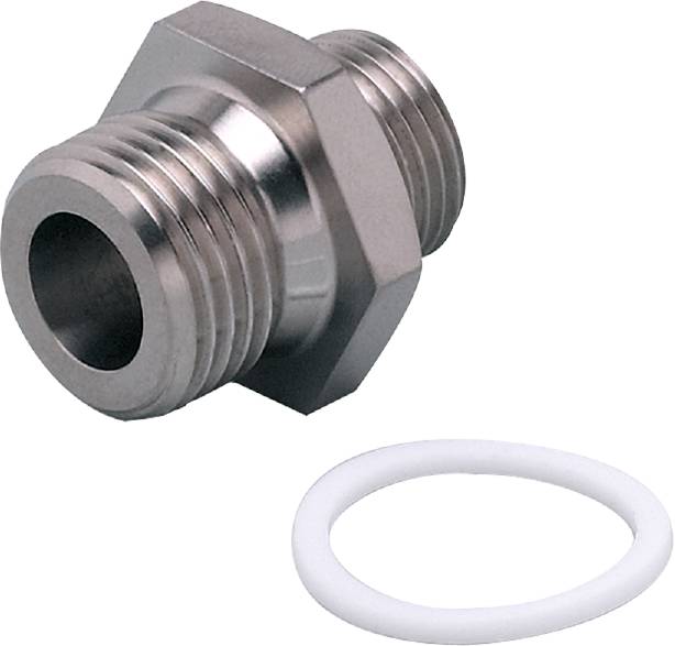 Metalladapter med gänga och tätningsring, troligen för rör- eller slangkoppling. Till vänster adaptern, till höger tätningsringen.