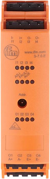 En orange yta med svarta markeringar: 'AS-Interface FAULT AUX' och 'Addr. 01 02 03 04'.
