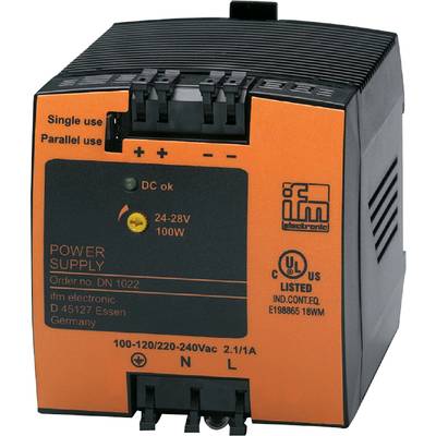 Nätdel från 'ifm electronic', modell DN 1022, med tekniska specifikationer: Inspänning 100-120/220-240Vac, utgång 24-28V, 100W.