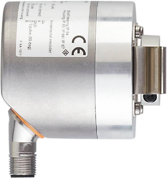 En elektrisk encoder med metallhölje, sidmonteringsfäste och en etikett med tekniska specifikationer och certifieringsmärken.