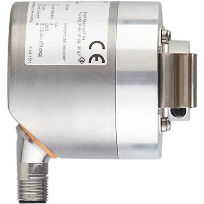 En elektrisk encoder med metallhölje, sidmonteringsfäste och en etikett med tekniska specifikationer och certifieringsmärken.