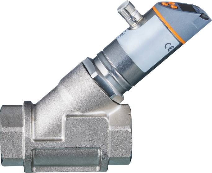 Ett silveraktigt metallventil i vinklad position med en elektronisk sensor. Det används för att styra flöden av vätskor eller gaser.