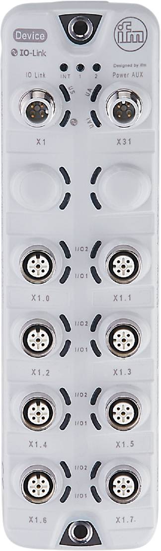 Sex runda kontaktdon på en elektrisk modul. Märkta med 'I/O1', 'I/O2', 'X1.0', 'X1.1'. Funktion ej specificerad.