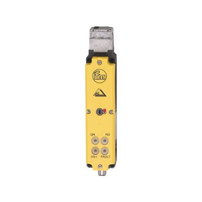 Industrisensor med gult hölje och metallanslutning. Logotyper och LED-indikatorer för 'GN', 'RD', 'AS-i' och 'FAULT' synliga.