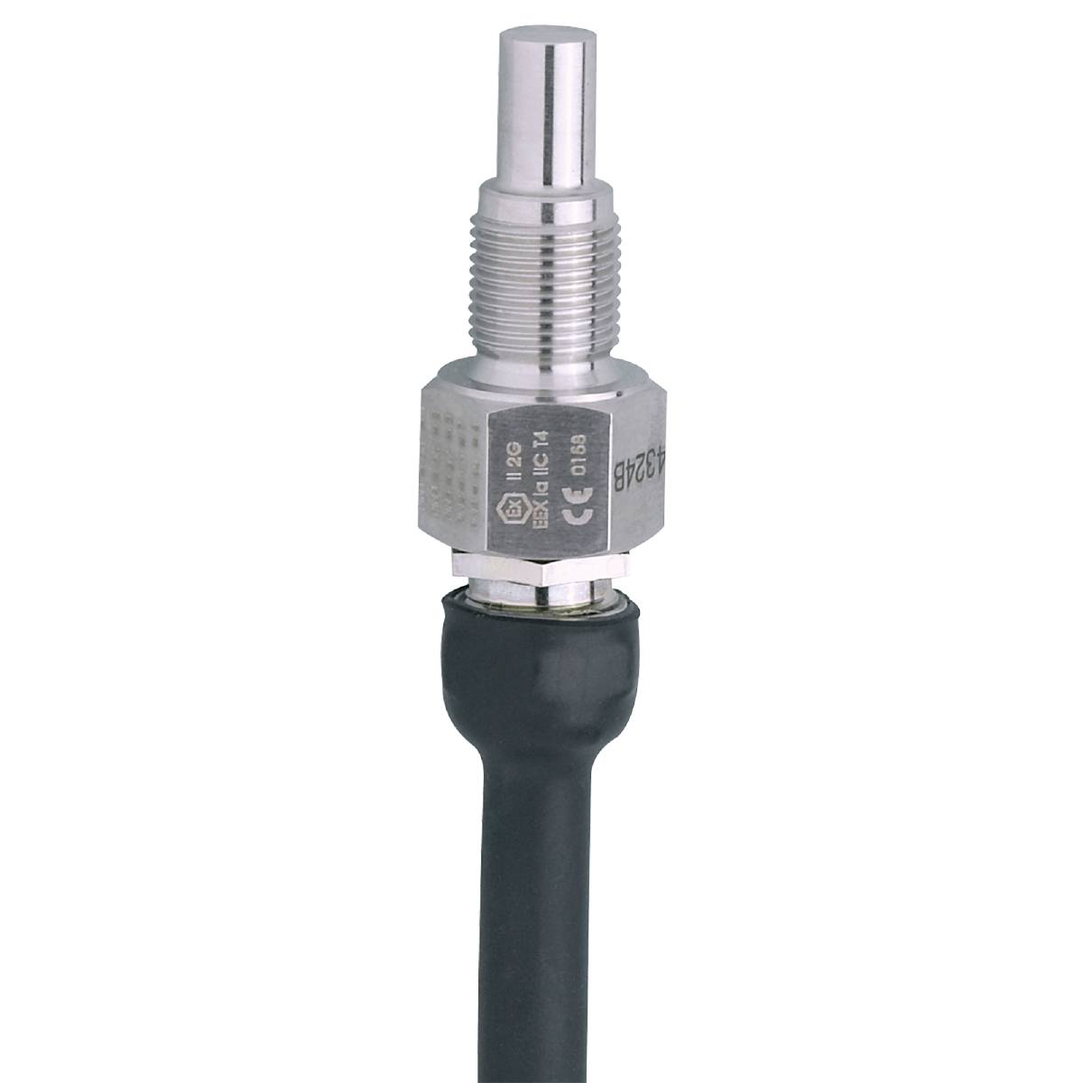 En metallisk trycksensor med cylindriskt hölje och svart kabel, sannolikt avsedd för övervakning av tryckvärden.