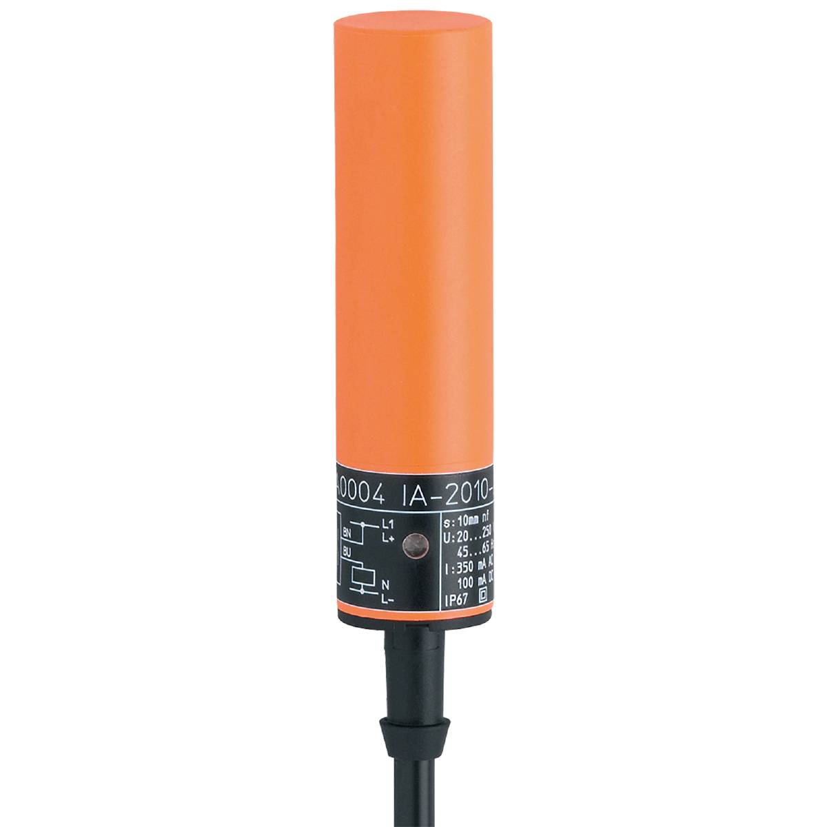 En cylinderformad sensor med orange hölje och tekniska markeringar i den nedre halvan, mot en svart bakgrund.