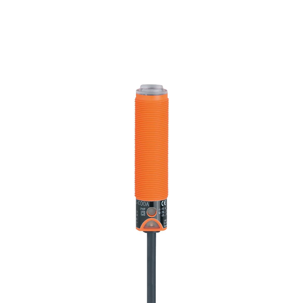 En orangefärgad cylindrisk sensor med en svart kabel, sannolikt en industriell närhetssensor.