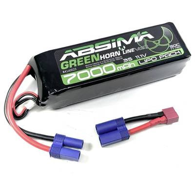 Svart LiPo-batteri från märket Absima med 7000 mAh och 11,1 V från Greenhorn-serien. Två blå och en röd anslutningskontakt synliga.